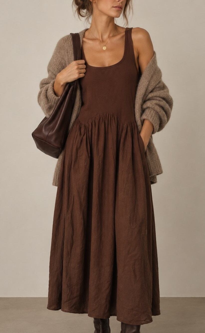 Aerie At The Barre A-Line Midi Dress Size XS Brown Cottage Scandi Fall Granola